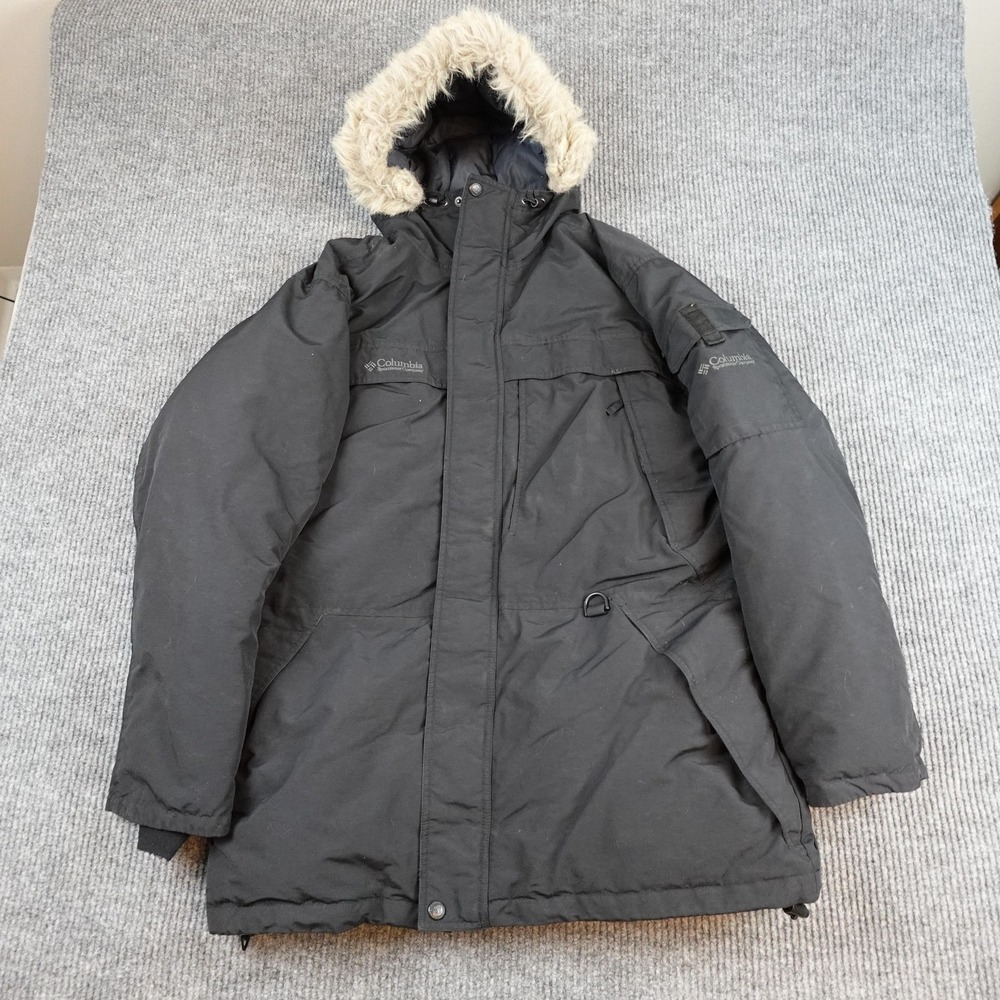 Columbia Jacket Mens Large Black Parka Faux Fur Hooded Insulated Down Heavy
